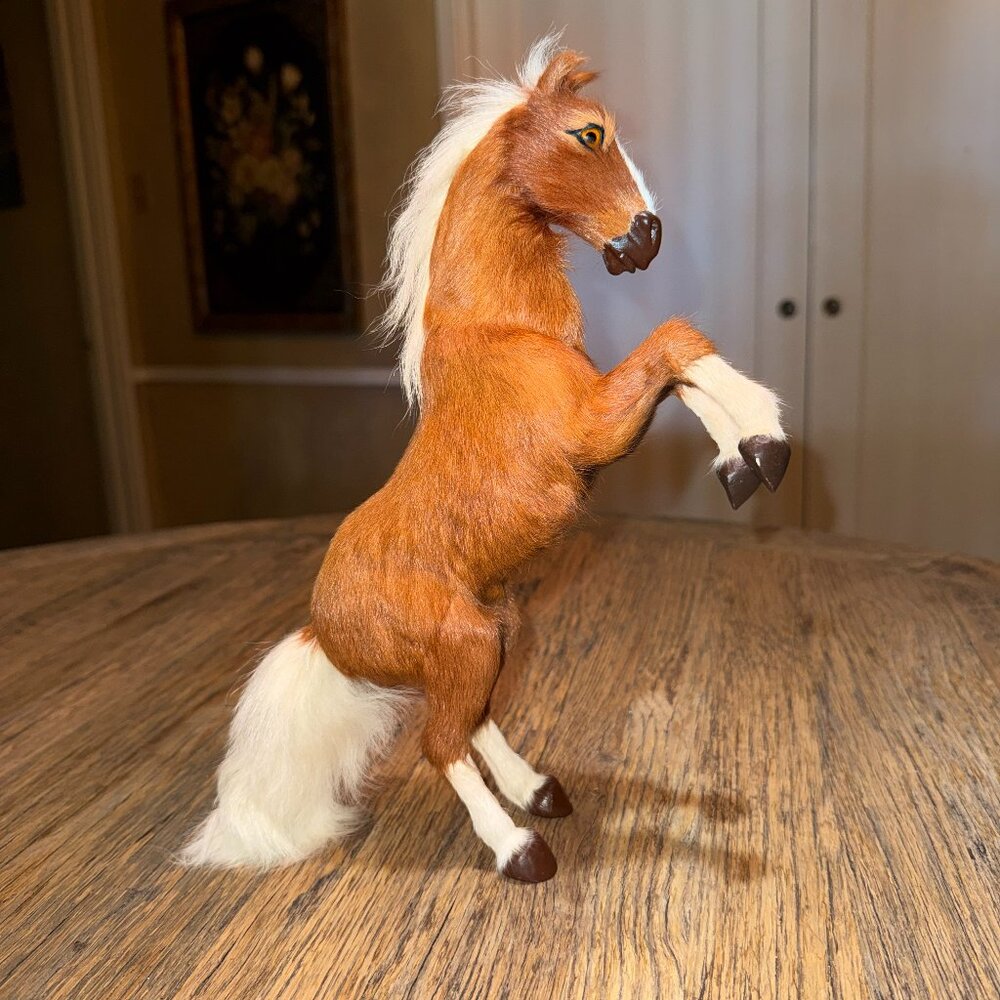 VTG Real Natural Fur Brown White Horse Figure Collectible Rearing Horse Cheval